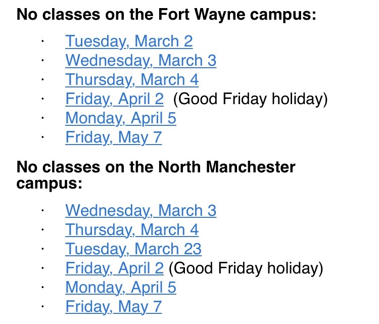 Spring semester schedule