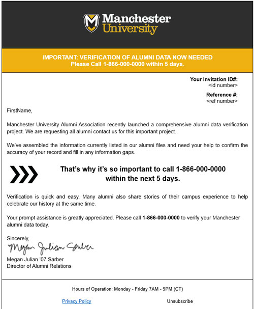 Image is a copy of the email that may have been received by Alumni