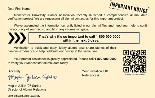 Image displays the back of the example post card sent out to MU Alumni