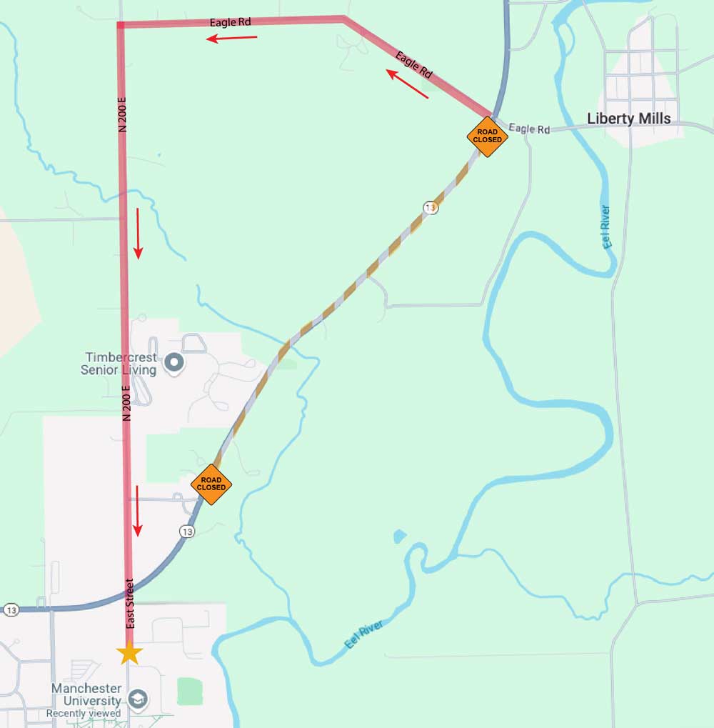 A map image displays the correct route to avoid construction near Liberty Mills Bridge.