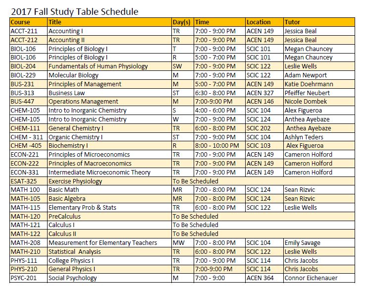 Study Table Schedule Fall 2017