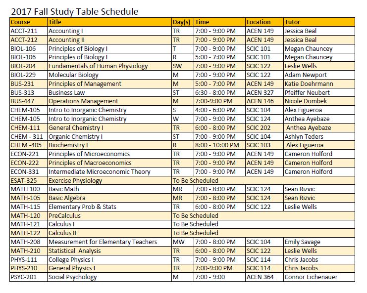 Study Table Schedule Fall 2017