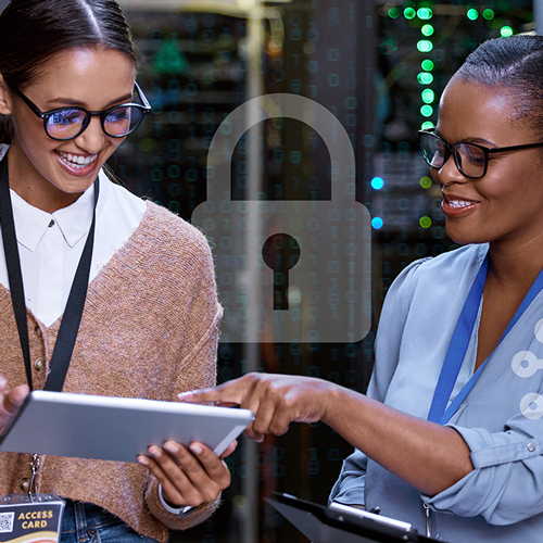 Two ITS professionals confer in a server room.