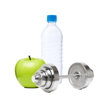Image of an apple, weights and water.