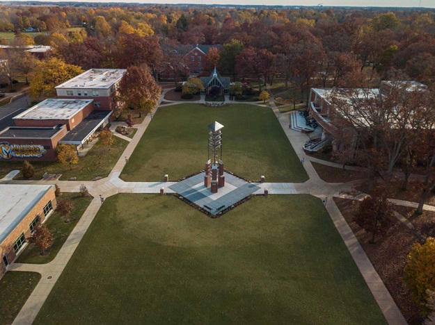 Image of MU Campus' Bell Tower from drone.