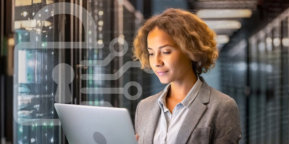A woman looks thoughtfully at a laptop