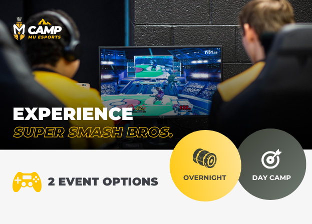 Image displays 2 students from MU competing in a head to head of online gaming. Upon click you can learn more about how to register for summer or day camp