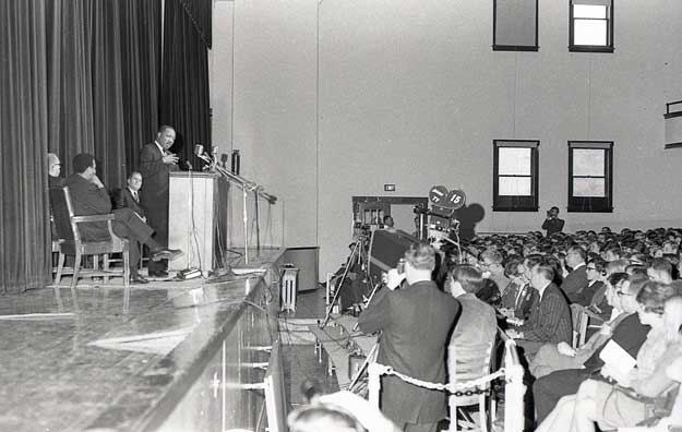 Martin Luther King Jr addresses an audience at the old Administration Building on Manchester College Campus