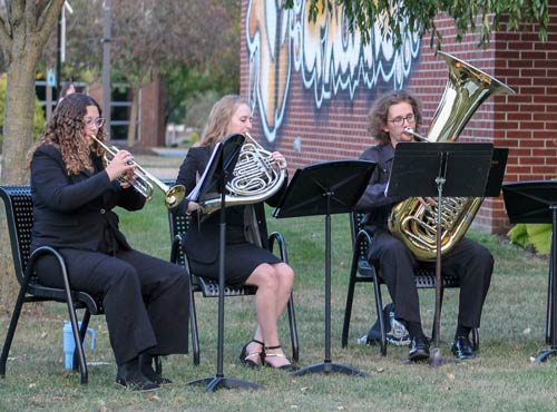 The Oak Leaf Brass performing outside the Otho Winger Memorial Hall