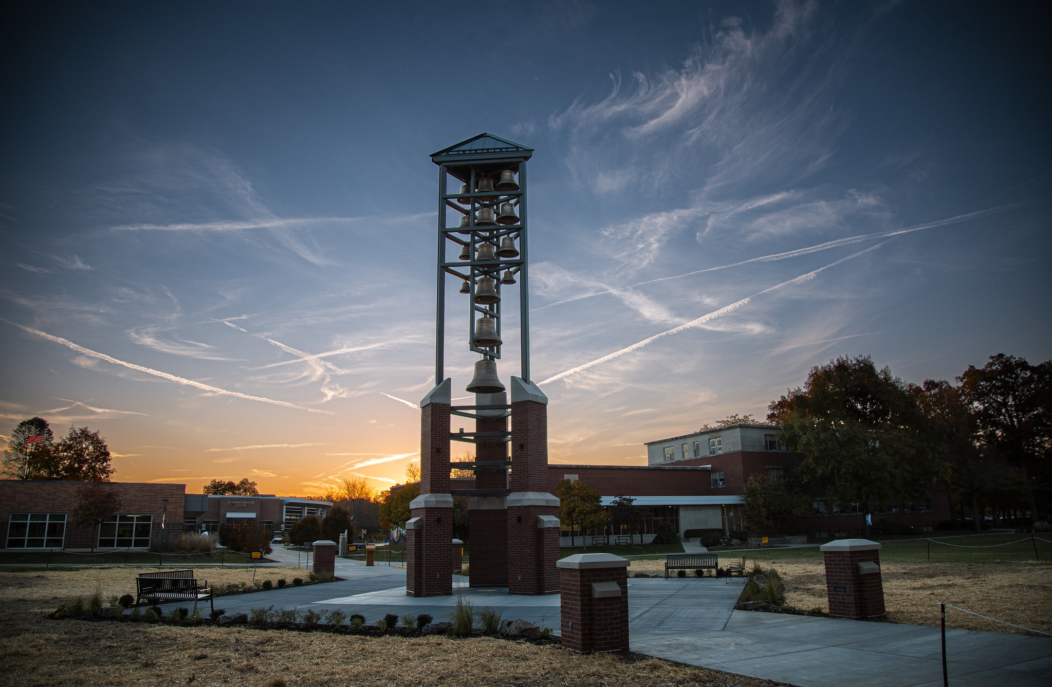 Bell tower in front of a sunset