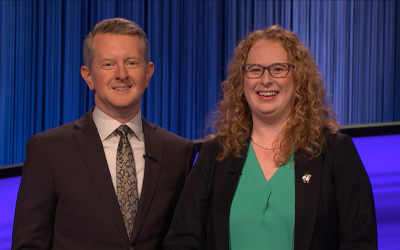 Ken Jennings standing next to Kathy Davis