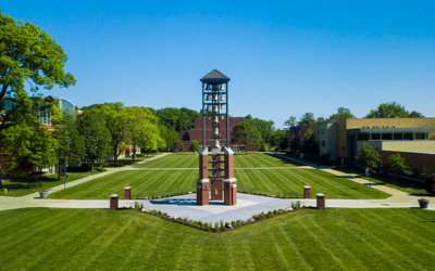 Clock tower in the middle of Manchester University's campus