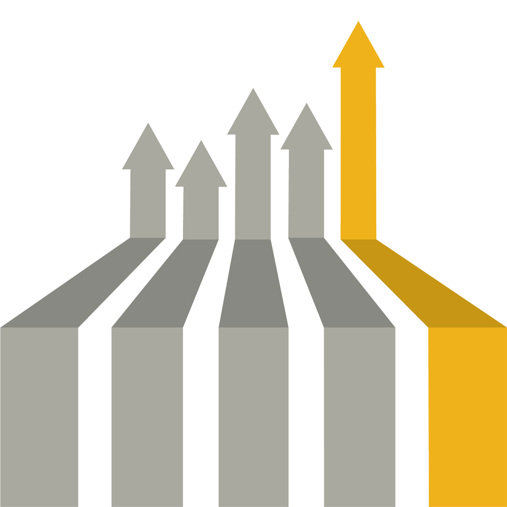 Arrows-Pathways Four grey arrows point upward and a fifth golden arrow rises higher than the rest creating energy and growth.