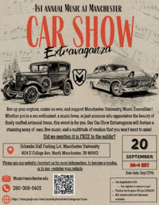 The official flyer for the 1st Annual Music At Manchester Car Show Extravaganza. Content features an image of a model T in addition to the information which is reshared in print on this event listing.