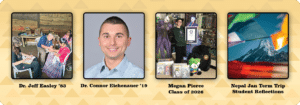 Photos of the 2026 guest alumni speakers. From left to right: Jeff Easley, Connor Eichenauer, Megan Pierce, and students of the Nepal travel course.