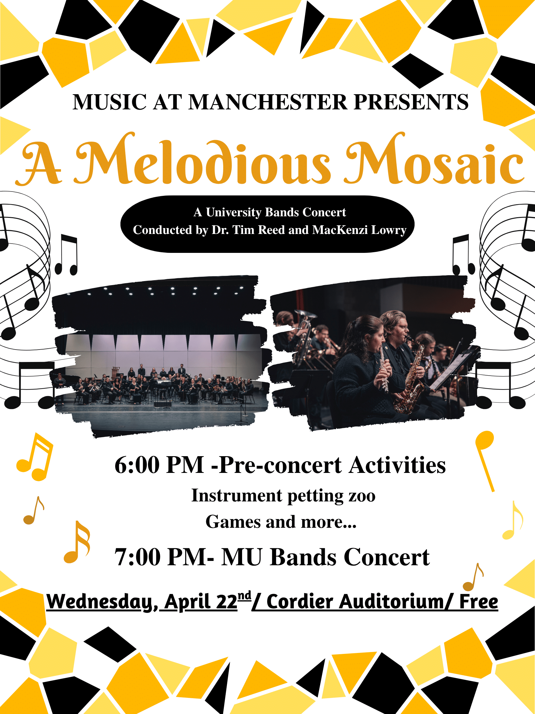 A poster for Manchester Bands spring concert, There is the title of the program and times to be there, which is 6 for activities and 7 for concert start time.