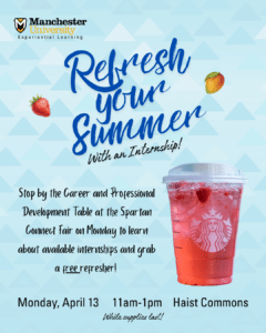 Poster about an upcoming event where students can go to Haist Commons and talk to employers about available internships, where they can also grab a free refresher.