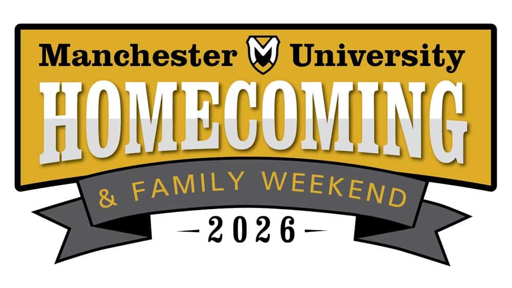 Official Homecoming Logo for Manchester University - reads Manchester University Homecoming Family Weekend 2026