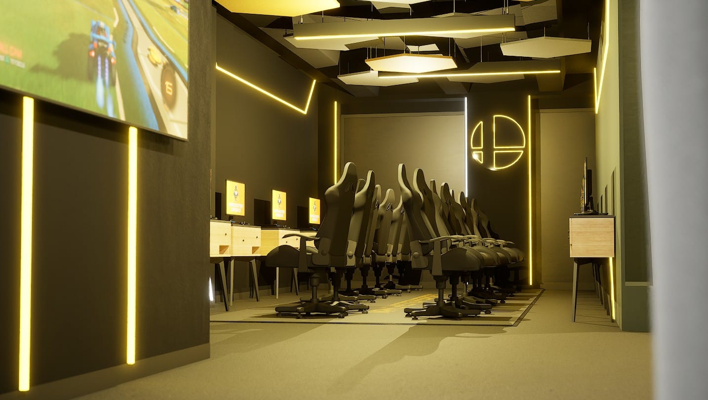 Esports Rendering 5 Overflow player area with desk units for side by side practice, pre-staging, and intermittent gaming.