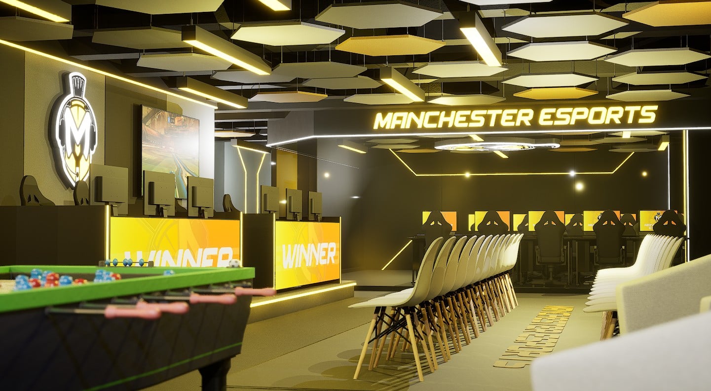 Esports Rending 4 Bright neon Manchester Esports Sign illuminates the room as well as LED screen displays with the words "Winner" across them to display when a game is completed with full viewing area from spectators and a foosball table on the side.