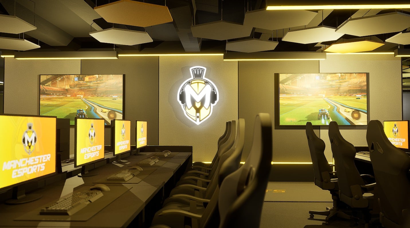 Esports Rendering 3 Overflow room with Esports logo on the wall and LCD screens showing live play.