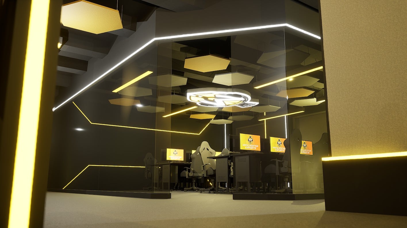 Esports Rendering 2 The main arena is encompassed by glass walls and the ceiling has the Esports mascot illuminated on the ceiling.