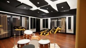 A set of drums perspective in the newly renovated otho winger hall