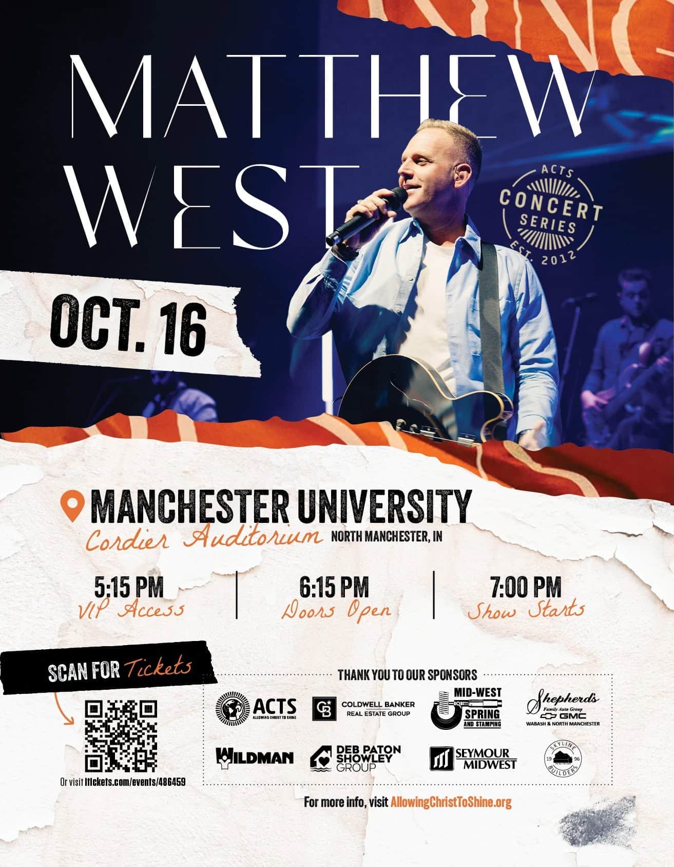 Poster displays Matthew West with a mic and displays Oct 16 at Cordier Auditorium, Manchester University. 