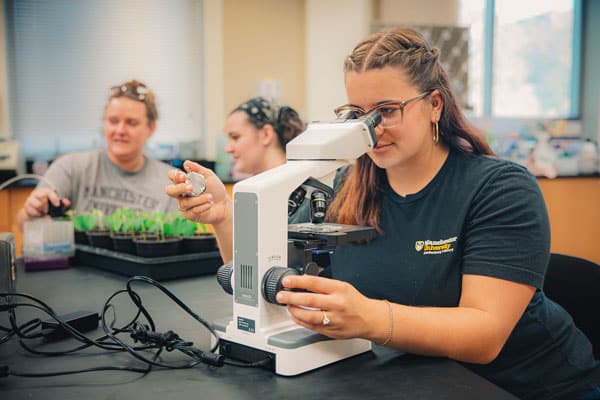 A student uses a microscope in a biology lab