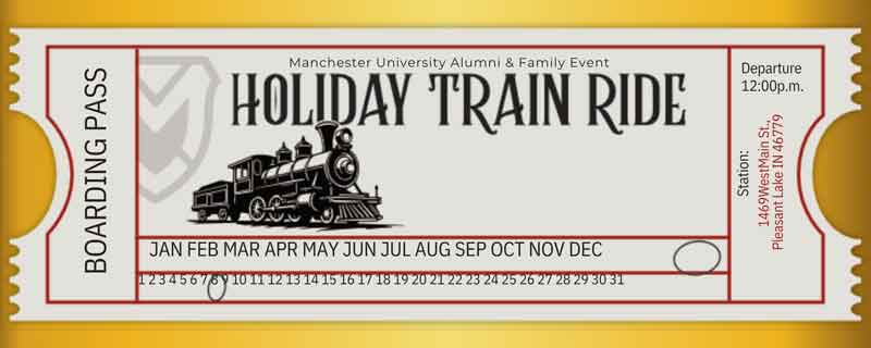 A fun train ticket on a gold background presented by the MU Alumni 